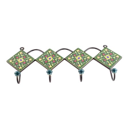 Forest Green Ceramic Floral Tiles Hooks